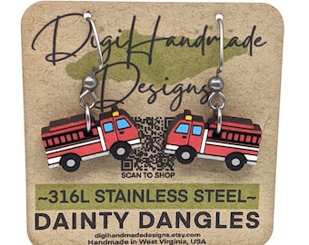 Firetruck Dainty Dangles Earrings / Fireman Jewelry / First Responder Gift / Emergency Vehicle / Firefighter Earrings / 316L Stainless Steel