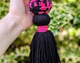 Jumbo Pom Tassel Bag Charm | Pink and Black Fashion Accessory | Lobster Swivel Clasp | Approx. 9.5"