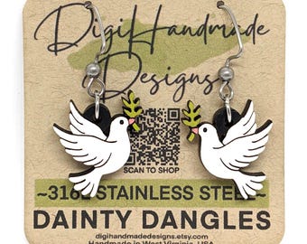 White Dove with Olive Branch Earrings / Handmade Wood Turtle Dove / Dainty Dangles / 3/4" Lightweight Charm / Hypoallergenic Stainless Steel