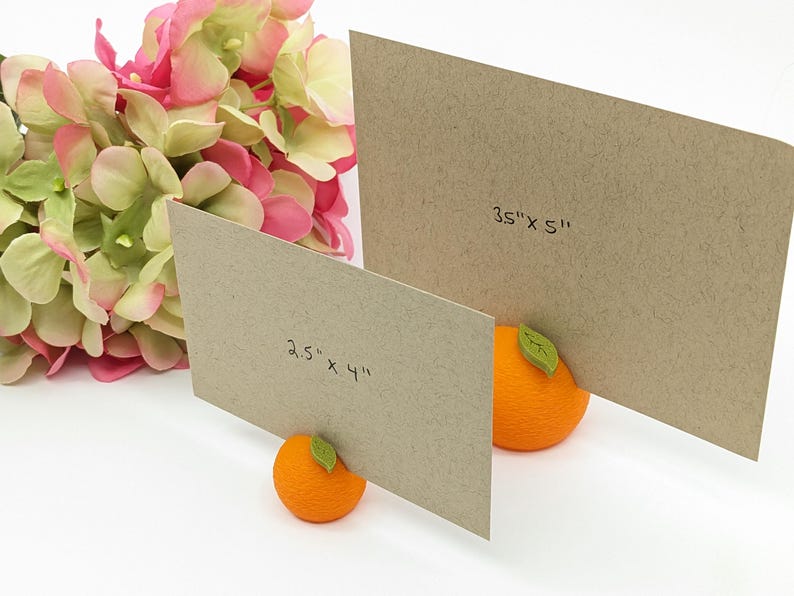 May include: Two rectangular kraft paper cards, one 3.5" x 5" and the other 2.5" x 4", are propped up by orange felt citrus fruit. Pink and green hydrangea flowers are in the background.
