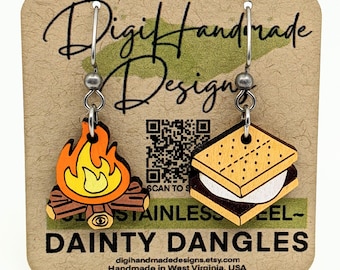 Campfire & S'more Earrings / Camping Jewelry / Dainty Dangles / Smores Food Earring / Stainless Steel / Hypoallergenic