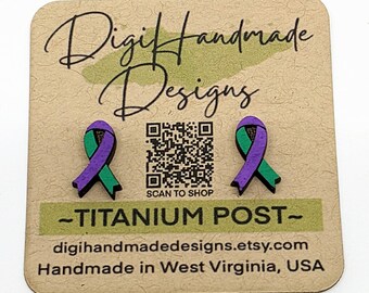 Stickler Syndrome Awareness Stud Earrings / Purple and Green Ribbon / Teacher's Gift / Special Education / Titanium Post