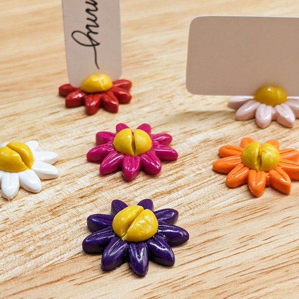 Colorful Daisy Flower Place Card Holder, Small Handmade Floral Clay Stand for Labels, Photos, Business Card, Seating Name, Choose Your Color