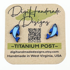 Blue Whale Earrings / Cute Ocean Life Animal Studs / Handpainted Hardwood / Handmade Jewelry / Hypoallergenic Titanium Post