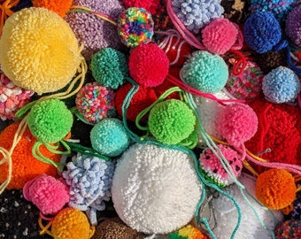 Assorted BULK Pompoms, Random Poms, Box of Pom Poms, Yarn Poms, Bulk Craft Supplies, Pompom with Tails, Mixed Box of Poms, Handmade Pompoms