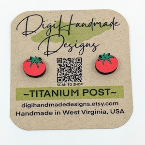Red Tomato Earrings / Garden Veggie Studs / Handpainted Hardwood / Handmade Jewelry / Hypoallergenic Titanium Post