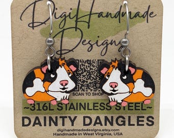 Guinea Pig Earrings / Calico Guinea Pig Gift  / Cute Kawaii Cavy / Dainty Dangles / Lightweight Earrings / Hypoallergenic Stainless Steel