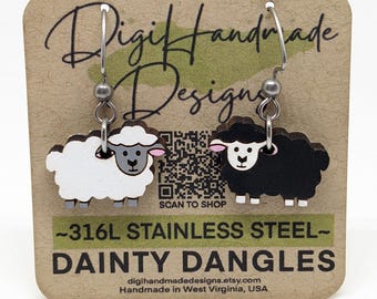 Sheep Earrings / Cute White and Black Sheep / Farm Animal Jewelry / Dainty Dangles / Lightweight Earrings / Hypoallergenic Stainless Steel