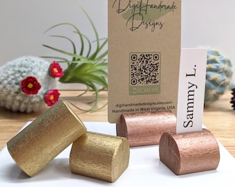 Solid Wood Place Card Holder, Photo Table Number or Name Tag Display Stand, Poplar Hardwood Cylinder, Painted Gold, Rose Gold
