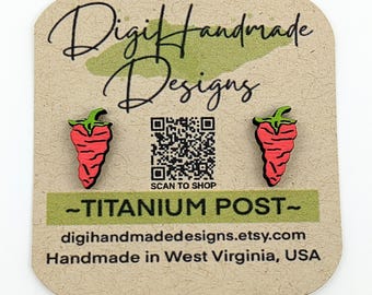 Red Hot Pepper Earrings / Spicy Garden Veggie Studs / Cayenne Chili Pepper / Handpainted Hardwood Jewelry / Hypoallergenic Titanium Post