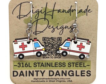 Ambulance Dainty Dangles Earrings / Paramedic Jewelry / EMT Nurse Jewelry / First Responder Gift / Emergency Vehicle / 316L Stainless Steel