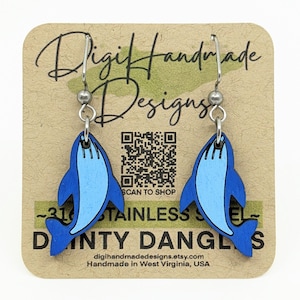 Blue Whale Earrings / Ocean Dainty Dangles / Marine Life Nautical Gift / Hypoallergenic / Minimalist Whale Jewelry / Handmade Cute Earrings