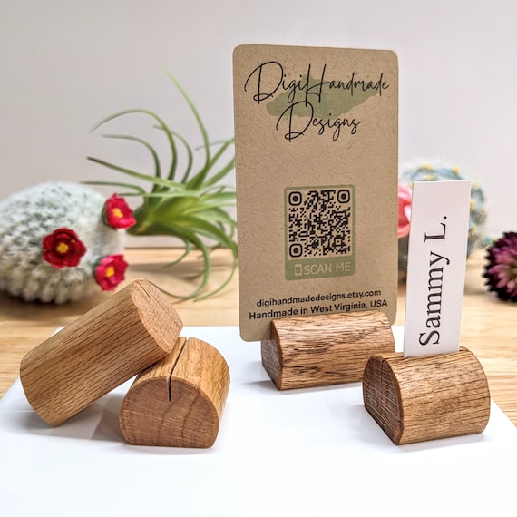 Solid Wood Place Card Holder, Photo Stand, Table Number or Name Tag Display, Oak Hardwood Rounded Cylinder