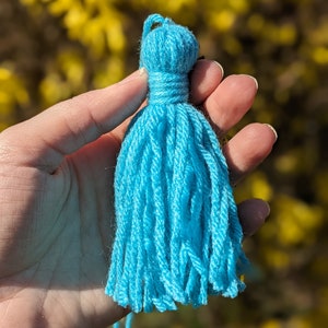 Yarn Tassels, 3 Small or 4 Large, Primitive Acrylic Yarn Tassels, Yarn Embellishments, Handmade Tassels with Tie Strings 4" (large)