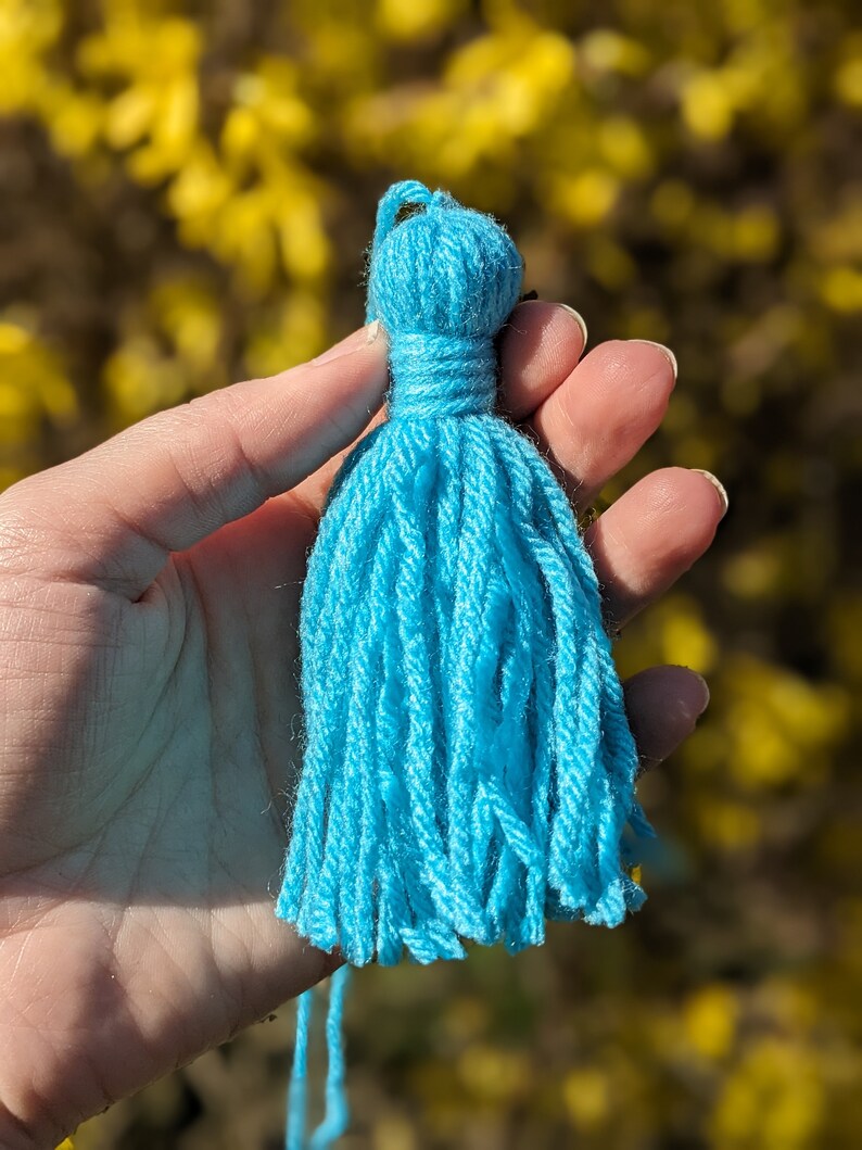 Yarn Tassels, 3 Small or 4 Large, Primitive Acrylic Yarn Tassels, Yarn Embellishments, Handmade Tassels with Tie Strings 4" (large)