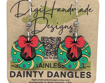 Festive Wreath Earrings / Danty Dangles / Christmas Holiday Earrings / Hand Painted Winter Jewelry / Hypoallergenic 316L Stainless Steel