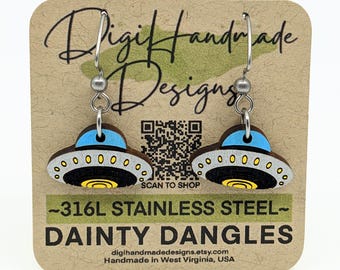 UFO Dainty Dangle Earrings / Alien Spaceship Earrings / Sci Fi Gift for Her / Hypoallergenic 316L Stainless Steel / Space Gift