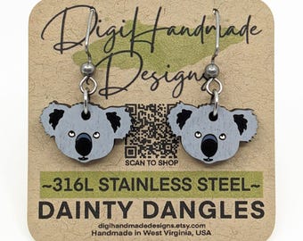 Koala Bear Earrings / Dainty Dangles / Cute Animal Jewelry / Koala Face Dangle / Gift for Her / Hypoallergenic 316L Stainless Steel