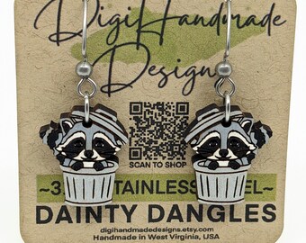 Trash Panda Earrings / Cute Kawaii Raccoons / Dainty Dangles / Funny Wildlife Jewelry / Woodland Animals / Stainless Steel / Hypoallergenic