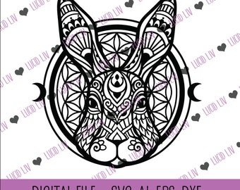 Bunny Rabbit Flower of Life Sacred Geometry Wall Art SVG .ai eps .png .dxf Laser Cut File Mandala Moon Celestial animal