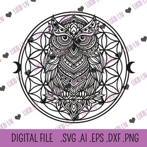 Hibou fleur de vie géométrie sacrée art mural SVG. ai eps.png .dxf fichier découpé au laser Mandala lune animal céleste
