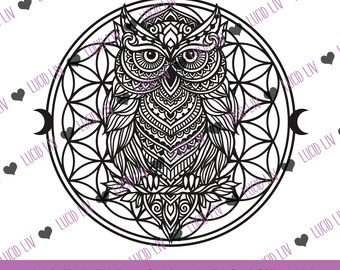 Owl Flower of Life Sacred Geometry Wall Art SVG .ai eps .png .dxf Laser Cut File Mandala Moon Celestial animal