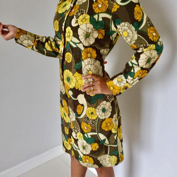 1960s designer vintage classic original floral warm yellows vintage mini dress 60d mini dress