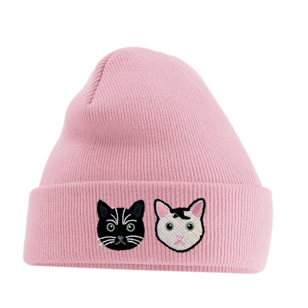 Personalised Embroidered Beanie Hat With Cat Face(s) Perfect for Cat Parents and Kids