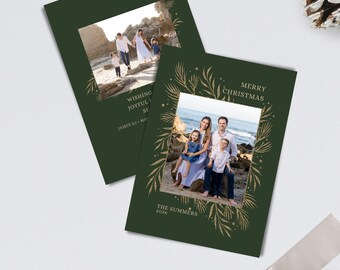 Holiday Photo Card – Green Gold Leaf Foil Christmas Canva Template