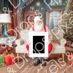 Papá Noel con traje de rayas con marco blanco vertical, Papá Noel en Photoshop, superposición de Papá Noel, fondo navideño, fondo digital de Papá Noel
