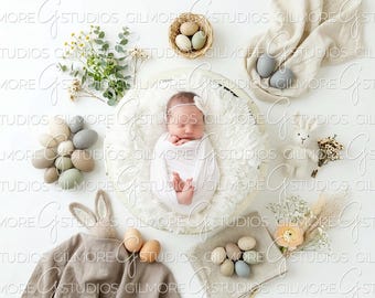 Digital Newborn Backdrop Easter Theme, Spring Baby Photography Background, Easter Bunny Newborn Photos