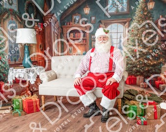 May include: Santa Claus in a festive setting, seated on a white sofa. He wears a red and white striped shirt, red pants, and a white beard. Christmas trees, wrapped gifts, and a decorated room create a holiday atmosphere.