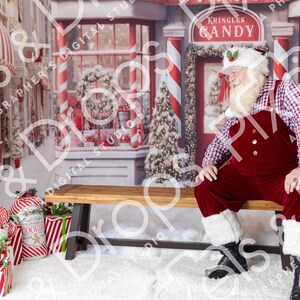 Papá Noel con traje a cuadros sentado mientras habla sobre fondo de Kringles, fondo de Papá Noel para Photoshop, superposición de Papá Noel, fondo navideño, fondo digital de Papá Noel