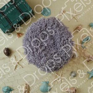 May include: A light gray fluffy round prop with a white net overlay, surrounded by seashells, starfish, and other nautical decor on a light beige background.