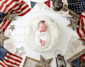 Digital Newborn Backdrop 4th Fourth of July Vintage, Rustic American Flag Baby Photography, Patriotic Newborn Background, Stars and Stripes
