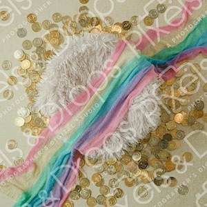 Op de afbeelding: Een wit, pluche newborn fotografie-accessoire met een regenboogkleurige stof eroverheen gedrapeerd. Het accessoire is omringd door gouden munten.
