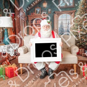 Papá Noel con traje de rayas con marco blanco horizontal, Papá Noel en Photoshop, superposición de Papá Noel, fondo navideño, fondo digital de Papá Noel