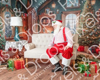 May include: A festive scene featuring Santa Claus seated on a cream-colored sofa. He wears a red and white striped shirt, red pants, and a white beard. Christmas trees, wrapped gifts, and a cozy interior create a holiday atmosphere.