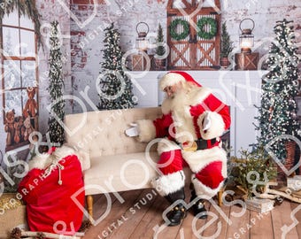 May include: A festive Christmas scene featuring Santa Claus in a red suit with white fur trim, seated on a beige sofa. A red sack of gifts sits nearby. The background includes Christmas trees, a fireplace, and a window.