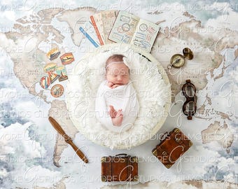 Airplane Map Digital Backdrop, Digital Backdrop for Newborn, Newborn Digital Background, PNG Baby Backdrop, Backdrop for Photoshop