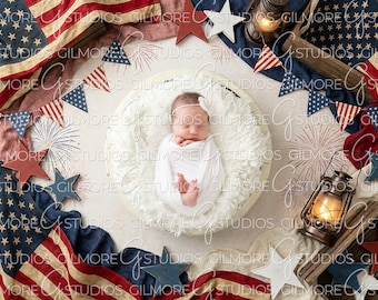 Digital Newborn Backdrop Patriotic Rustic, Fourth of July Baby Photography, American Flag Newborn Background