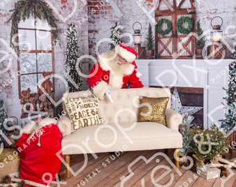 May include: A festive Christmas scene featuring Santa Claus in a red suit, seated on a cream-colored sofa with decorative pillows. A red sack, Christmas trees, and a fireplace complete the holiday setting. The backdrop includes a window and wooden doors.