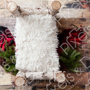 Christmas Rustic Log Wooden Bed Red Plaid and Greenery Newborn Digital Backdrop, Digital Backdrop for Newborn, Newborn Digital Background