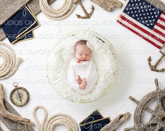 Digital Newborn Backdrop Nautical Navy Theme, Anchor Ship Wheel Rope Compass Baby Boy Photography Background, American Flag Newborn PNG
