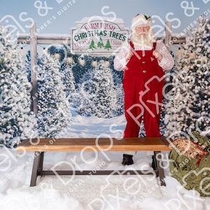 Suéter de Papá Noel con traje de rayas sobre fondo nevado, Papá Noel para Photoshop, fondo navideño, superposición de Papá Noel, fondo digital de Papá Noel