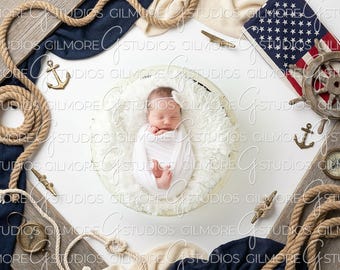 Digital Newborn Backdrop Nautical Navy Rope Anchor, Ship Wheel Compass Baby Boy Photography Background, American Flag Newborn PNG Overlay