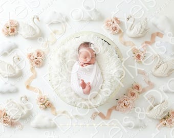 Digital Newborn Backdrop White Swan Theme, Elegant Baby Girl Photography Background, Swan Blush Rose Cloud Ribbon Fairy Light Newborn PNG