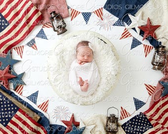 Digital Newborn Backdrop Fourth of July Bunting, Patriotic Lantern Baby Photography Background, American Flag Newborn, Stars and Stripes PNG