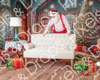 May include: A festive Christmas scene with a white sofa, decorated Christmas trees, and wrapped gifts. Santa Claus is standing behind the sofa. The background features a cozy room with a fireplace and bookshelves.