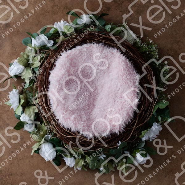 Pink Floral Wreath Bird Nest Newborn Digital Backdrop Background Props Easter Spring